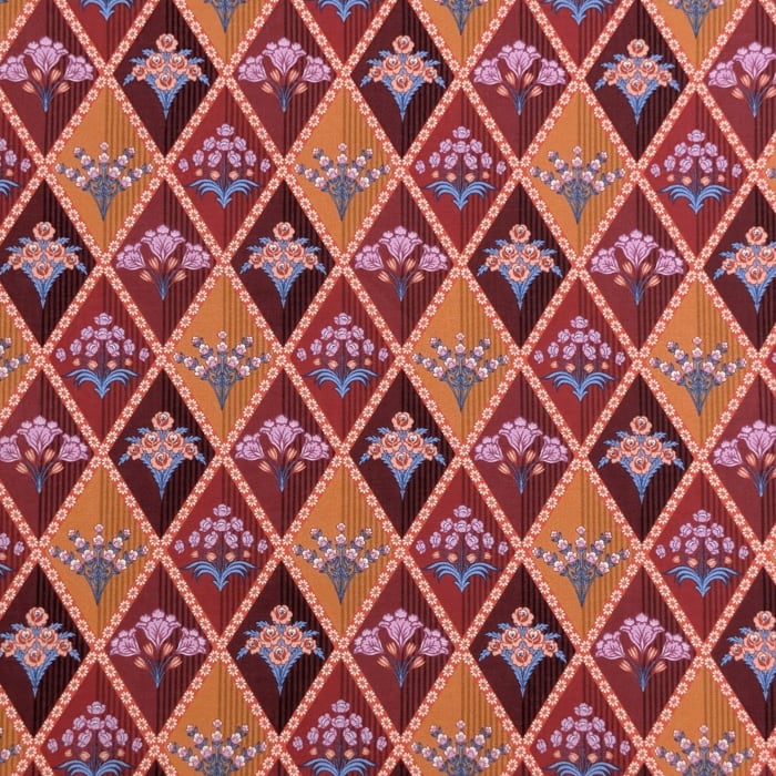 リバティ・ファブリックス　タナローン　Floral Harlequin　フローラル・ハーレクイン　オレンジ＆ワインレッド　約108×50cm